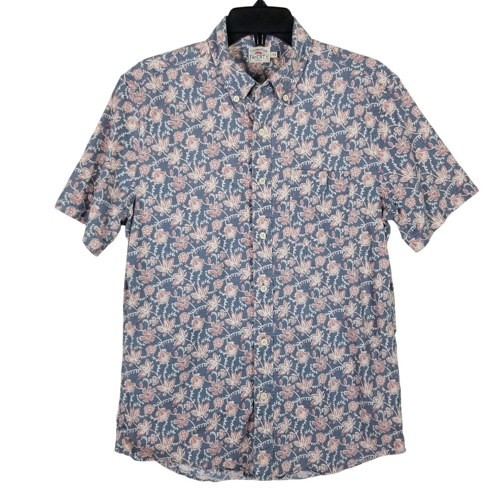 Faherty Button Down Shirt Womens Medium Blue Floral Hemp Tencel Short Sleeve